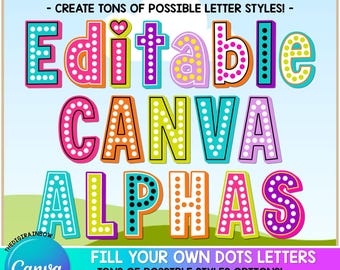 EDITABLE CANVA Dot Alphabet Template Bold Retro Letters Block Marquee font Any Color customizable commercial use t-shirt sublimation design