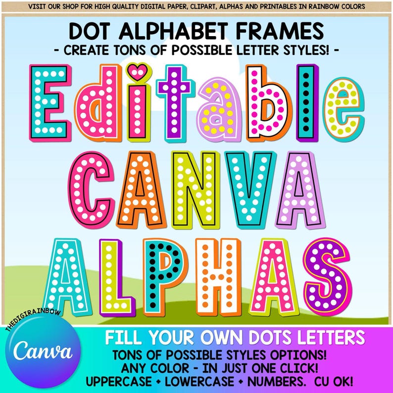 EDITABLE CANVA Dot Alphabet Template Bold Retro Letters Block Marquee font Any Color customizable commercial use t-shirt sublimation design image 1