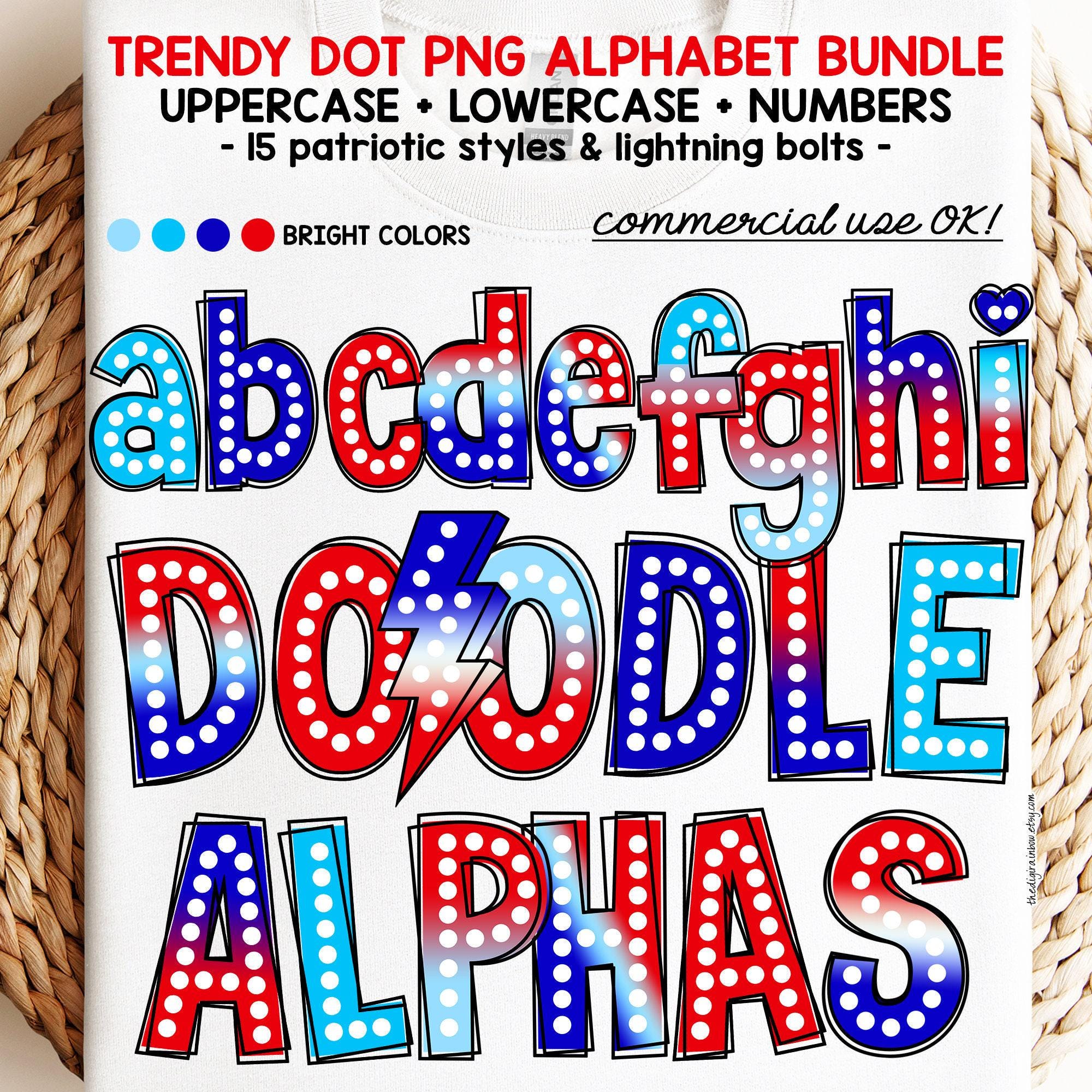 Patriotic Dots Alphabet PNG Doodle Letters 4th of July handwritten scribble font lightning bolt sublimation design Bright Marquee alpha DTF