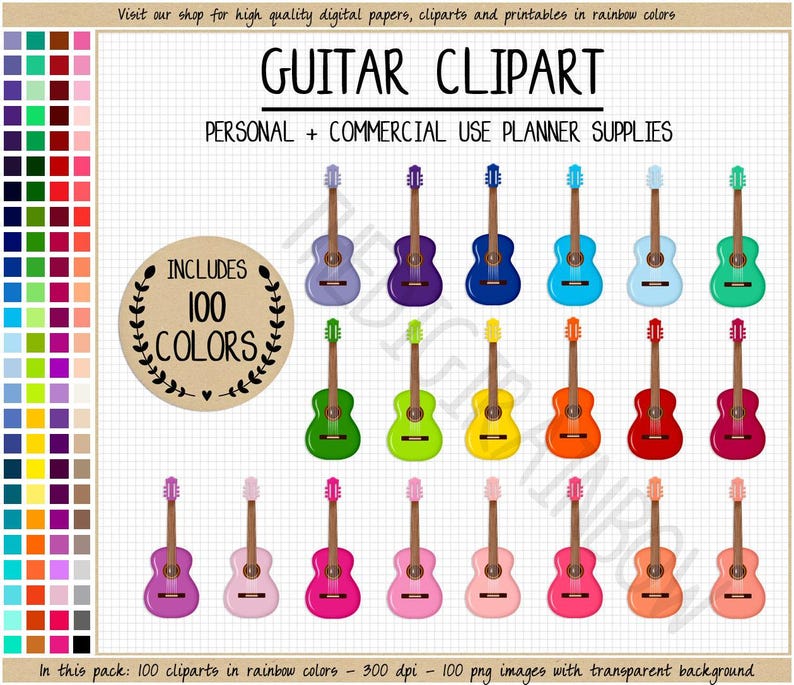 SALE 100 GUITAR clipart rainbow guitar stickers guitar lesson stickers instrument clipart music clipart printable music planner stickers image 1