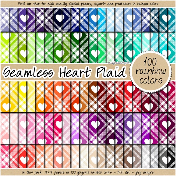 100 seamless heart plaid digital paper bright rainbow tartan background cottagecore pattern rustic christmas pastel tweed texture commercial