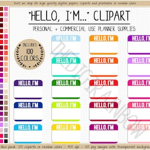 SALE 100 Printable Hello I AM tag rainbow blank Name Label presentation sticker bright colors pastel colors digital sticker Hello My Name Is