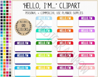 SALE 100 Printable Hello I AM tag rainbow blank Name Label presentation sticker bright colors pastel colors digital sticker Hello My Name Is