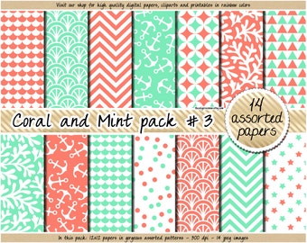 SALE Mint and coral digital paper nautical digital paper aqua peach mint coral anchor chevron confetti stars scallop geometric patterns