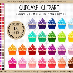 VERKOOP 100 CUPCAKE clipart regenboog cupcake planner stickers cupcake afdrukbare stickers kleurrijke cupcakes Erin Condren verjaardagstaart clipart