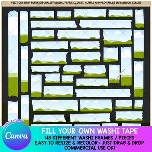 CANVA bewerkbare washi-tapesjabloon, vul je eigen washi-frame clipart slepen en neerzetten van lege digitale washi-tape stickers commercieel gebruik ontwerp