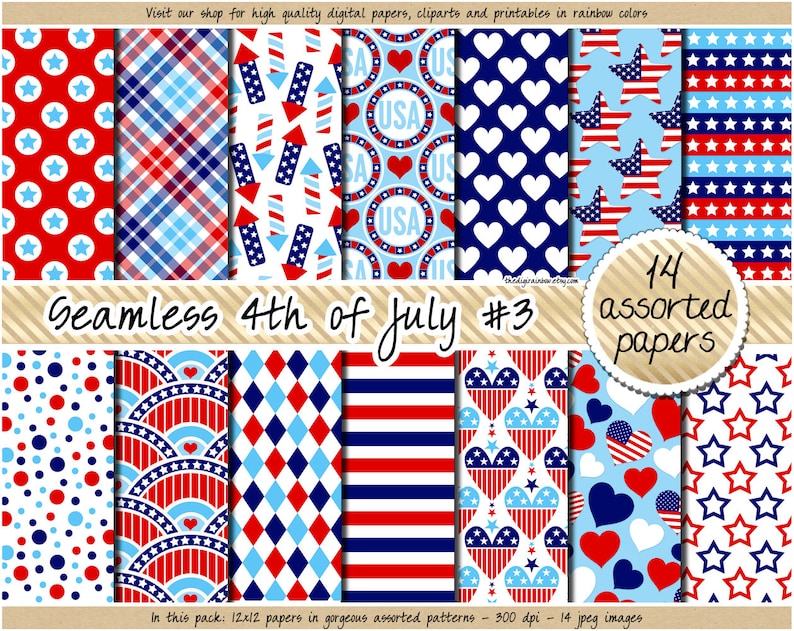 SALE Fourth of July digital paper seamless USA patriotic pattern Veteran clipart red blue plaid star stripe heart sticker fireworks polka image 1