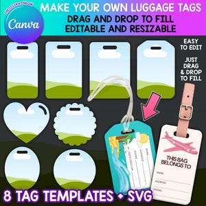 編集可能なCanvaの荷物タグテンプレート、空白の旅行タグ、荷物タグSVG、昇華型バッジ、Canvaの編集可能なフレームバンドル、ドラッグアンドドロップ