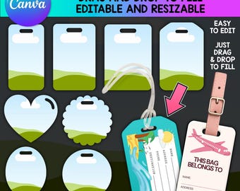 Luggage Tag Editable Canva Template, Blank Travel Tag, Luggage Tag SVG, Work badge sublimation, Canva Editable Frame Bundle, Drag and Drop