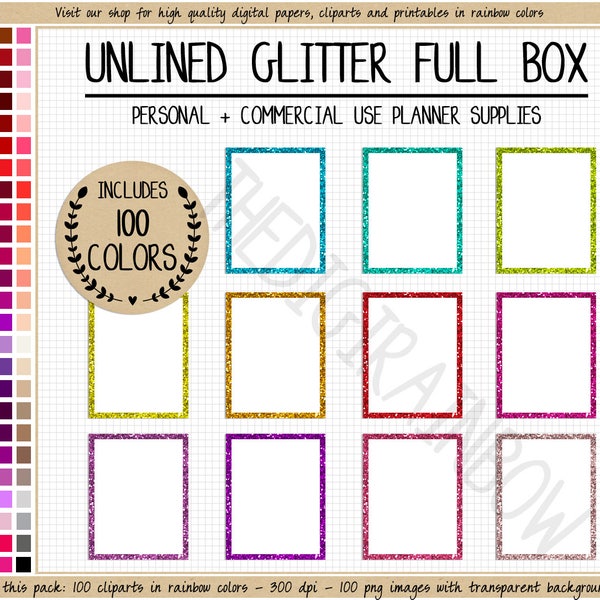 SALE 100 unlined glitter full box planner stickers rainbow planner clipart full box printable planner sticker Erin Condren Happy Planner