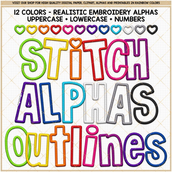 Faux Embroidery Alphabet PNG, realistic Stitch patch letter, fill your own blank alpha outlines, Rainbow commercial use sublimation design