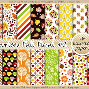 Seamless Fall digital paper mushroom digital paper Thanksgiving background Harvest printable red green yellow brown orange leaves clipart