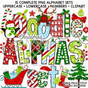Alfabeto navideño con garabatos, letras a cuadros rojas y verdes, reno coqueto, sublimación PNG, gorro de Papá Noel, árbol, trineo, calcetín, bastón de caramelo, clipart