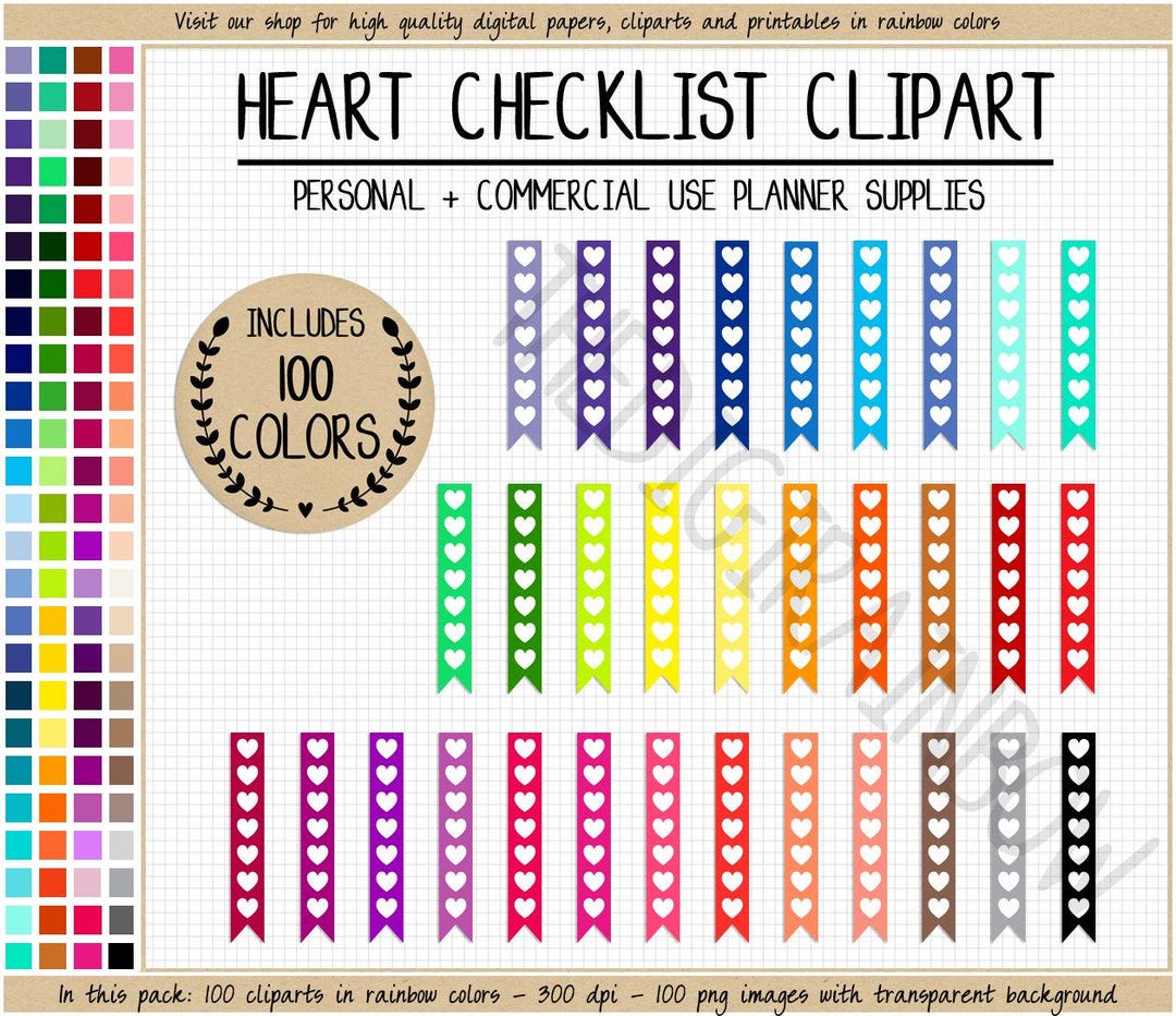 SALE 100 Heart Checklist Clipart Printable Planner Sticker Rainbow ...