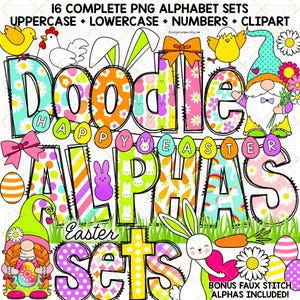 Easter Doodle Alphabet Pastel Gnome PNG Letters Egg Hunt clipart Happy Easter Font Chick Carrot Bunny Coquette bows sublimation scrapbooking