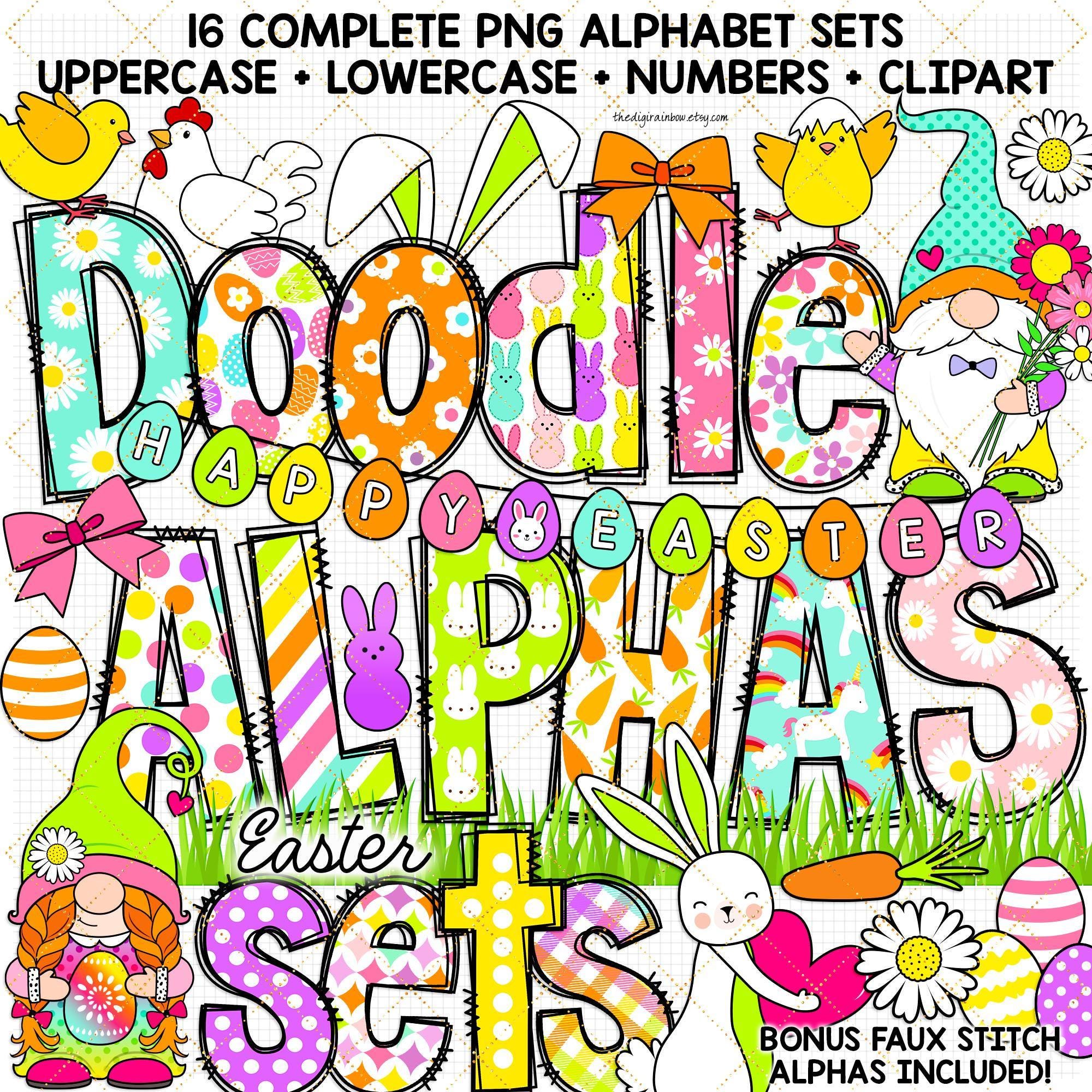 Easter Doodle Alphabet Pastel Gnome PNG Letters Egg Hunt Clipart Happy ...