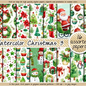 Papel digital navideño de acuarela sin costuras, rojo y verde, ideal para imprimir tarjetas, álbumes de recortes, diarios y mucho más. Uso comercial.