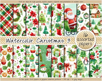 Seamless Watercolor christmas digital paper red and green Noel ephemera printable card xmas scrapbook junk journal background commercial use