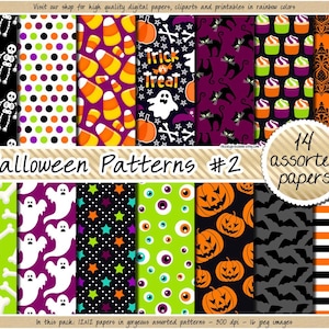 BEZSZWOWY papier cyfrowy na Halloween Wzór na Halloween Cukierek albo psikus tło do druku kot dynia cukierek kukurydza kość nietoperz szkielet clipart