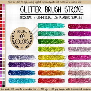100 GLITTER BRUSH clipart rainbow watercolor clipart glitter paint splash sticker glitter planner stickers paint brush strokes art eclp