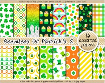 SEAMLESS Shamrock digital paper Glitter Saint Patrick's day scrapbook paper Green pattern Irish Flag Beer Clover Horseshoe Rainbow plaid