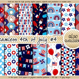 SALE Fourth of July digital paper seamless USA patriotic pattern Veteran clipart red blue plaid star stripe heart sticker fireworks polka image 6