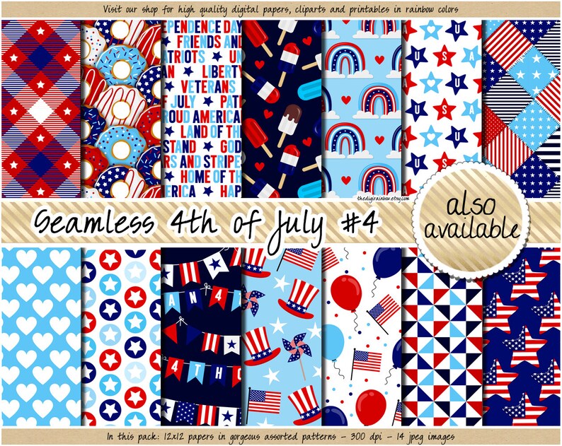 SALE Fourth of July digital paper seamless USA patriotic pattern Veteran clipart red blue plaid star stripe heart sticker fireworks polka image 6