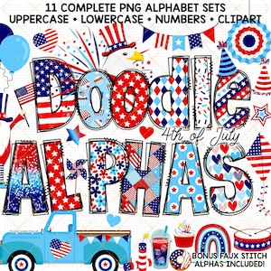 4.Juli Doodle Alphabet Amerikanische Flagge Clipart USA Faux Stitch Alpha Bundle Sterne Streifen Sublimation Transfer Buchstaben