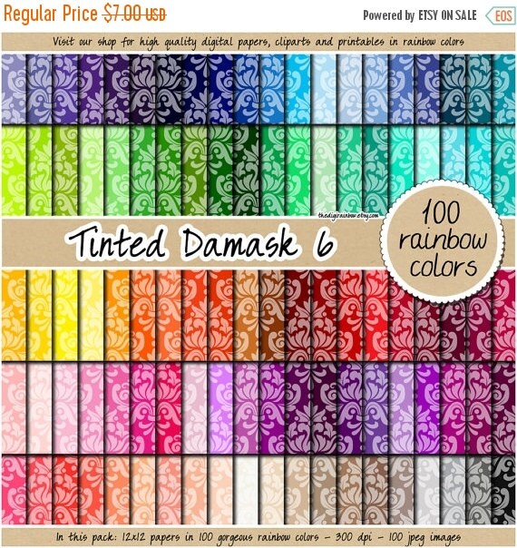 SALE 100 heart damask digital papers rainbow elegant romantic girly scrapbooking kit pattern printable 12x12 pastel neutral bright dark