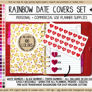 Pacote com 300 adesivos de data com corações, clipart de corações arco-íris, adesivos de bolinhas para datas, números de 1 a 31, clipart colorido para planner digital.