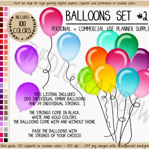 VENDA 200 ombre balão clipart arco-íris balão adesivo brilhante balão festa de aniversário digital papel balão bolo topper convite gráficos