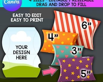 Pillow Box Editable CANVA Template Bundle, Printable Party Favor Box, Personalized Gift Box, Treat bag Template Sublimation 3", 4", 5", 6"