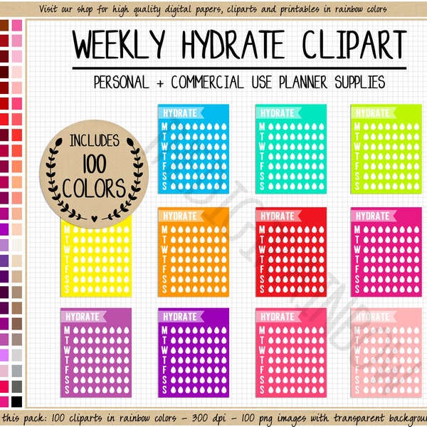 SALE 100 WEEKLY HYDRATE planner stickers health tracker food tracker weight loss stickers water intake stickers Erin Condren planner clipart