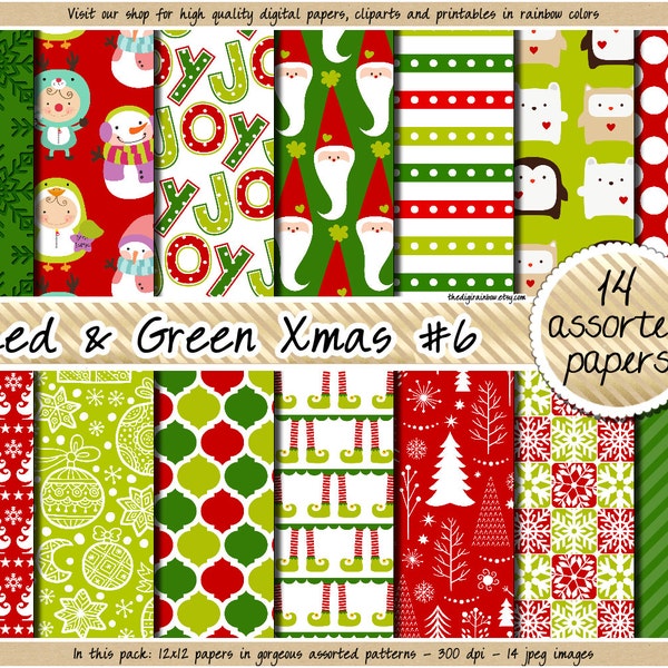 SALE christmas digital paper red and green christmas digital paper holiday digital paper pattern candy cane snowflake snowman tree mistletoe