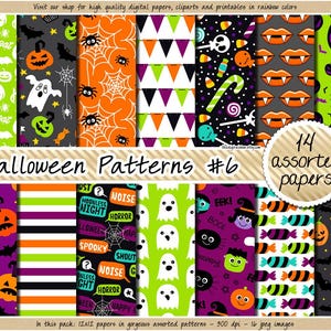 VERKOOP Naadloze digitale Halloween-papier trick or treat afdrukbare snoep achtergrond vampier hoektand clipart spook pompoen heks monster stickers