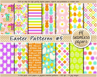 Seamless Easter digital paper Easter bunny background pastel Spring patterns egg basket clipart chick flower damask heart sublimation prints