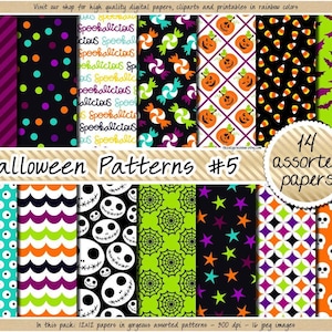 Papel para álbum de recortes digital de Halloween, patrón de Jack-o-lantern, pegatina de fantasma, clipart de calavera de murciélago, verde, naranja, morado y negro