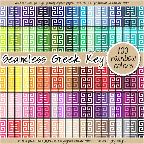 100 SEAMLESS greek key digital paper rainbow meander pattern printable scrapbook paper geometic background pastel neutral bright dark colors