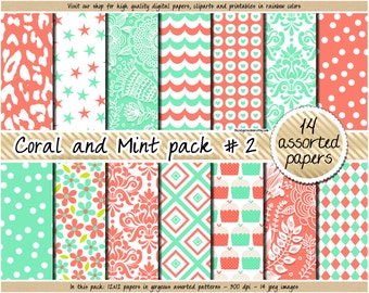 SALE coral and mint digital paper nautical digital paper for scrapbooking in aqua peach coral mint damask stars cupcake floral heart pattern