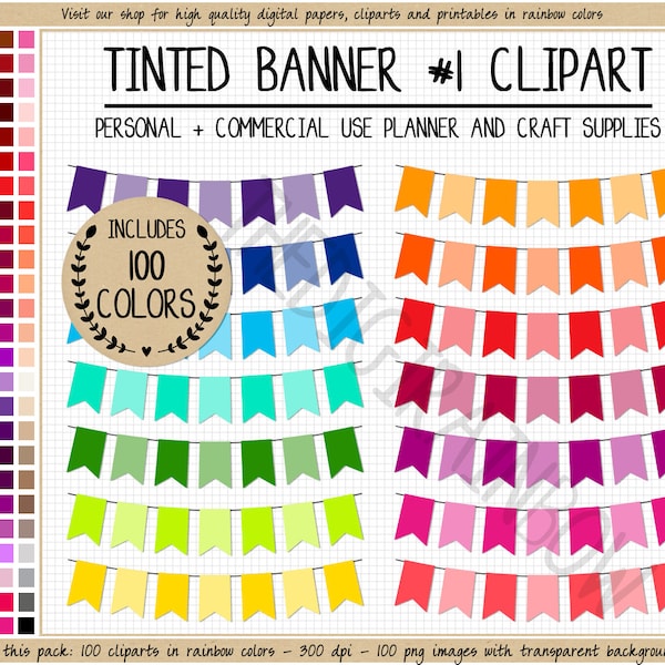 SALE 100 tinted banner clipart rainbow banner sticker printable bunting clipart flag clipart pennant pastel cake banner printable garland