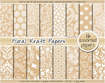 SALE Kraft digital paper floral Kraft paper floral digital paper printable Kraft paper pattern flower background wedding kraft digital paper
