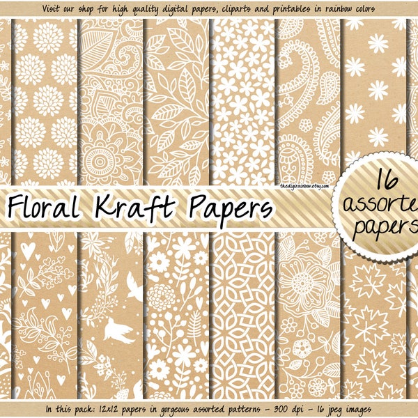 SALE Kraft digital paper floral Kraft paper floral digital paper printable Kraft paper pattern flower background wedding kraft digital paper