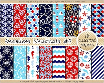 Papel digital imprimible para álbum de recortes náutico con patrón náutico, fondo marino, azul marino, rojo, chevron, lunares, rayas, olas, ancla, concha marina, coral.