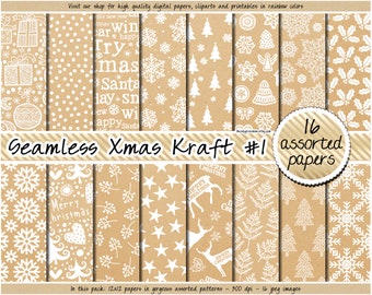 SEAMLESS Christmas digital paper realistic Kraft texture printable wrapping paper Shabby pattern Winter Holiday background labels & gift tag