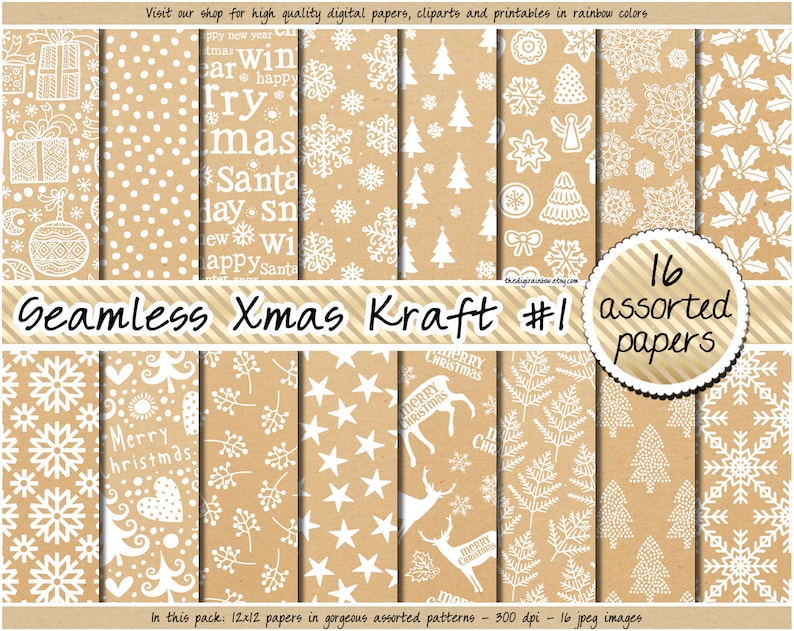 SEAMLESS Christmas digital paper realistic Kraft texture printable wrapping paper Shabby pattern Winter Holiday background labels & gift tag image 1