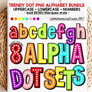 Retro Dot Alphabet PNG Bundle Colorful Letters rainbow handwritten alpha commercial use sublimation design Bright and bold Marquee font DTF