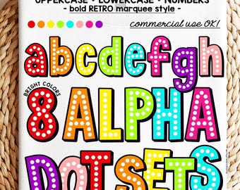 Retro Dot Alphabet PNG Bundle Colorful Letters rainbow handwritten alpha commercial use sublimation design Bright and bold Marquee font DTF
