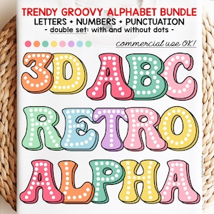 Groovy Alphabet PNG Bundle, Retro Font, Polka Dot Letters, rainbow 3D Marquee alphas commercial use sublimation design, soft pastel colors