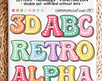 Groovy Alphabet PNG Bundle, Retro Font, Polka Dot Letters, rainbow 3D Marquee alphas commercial use sublimation design, soft pastel colors