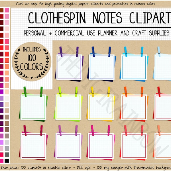 SALE 100 clothespin note box digital sticker hanging sticky note clipart rainbow sticker square box sticker printable Erin Condren Goodnotes